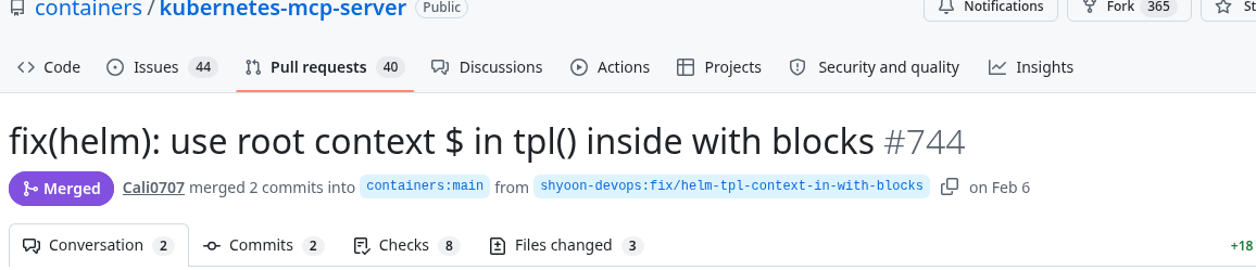 kubernetes-mcp-server PR #744 병합 결과